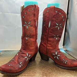 Stetson women 10 Red Leather inlay cowgirl boots